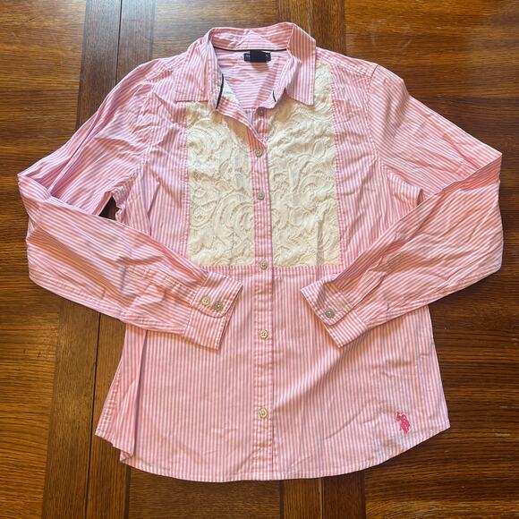 U.S. Polo Assn. Pink Pinstripe Lace Button Down Shirt M - Picture 9 of 13